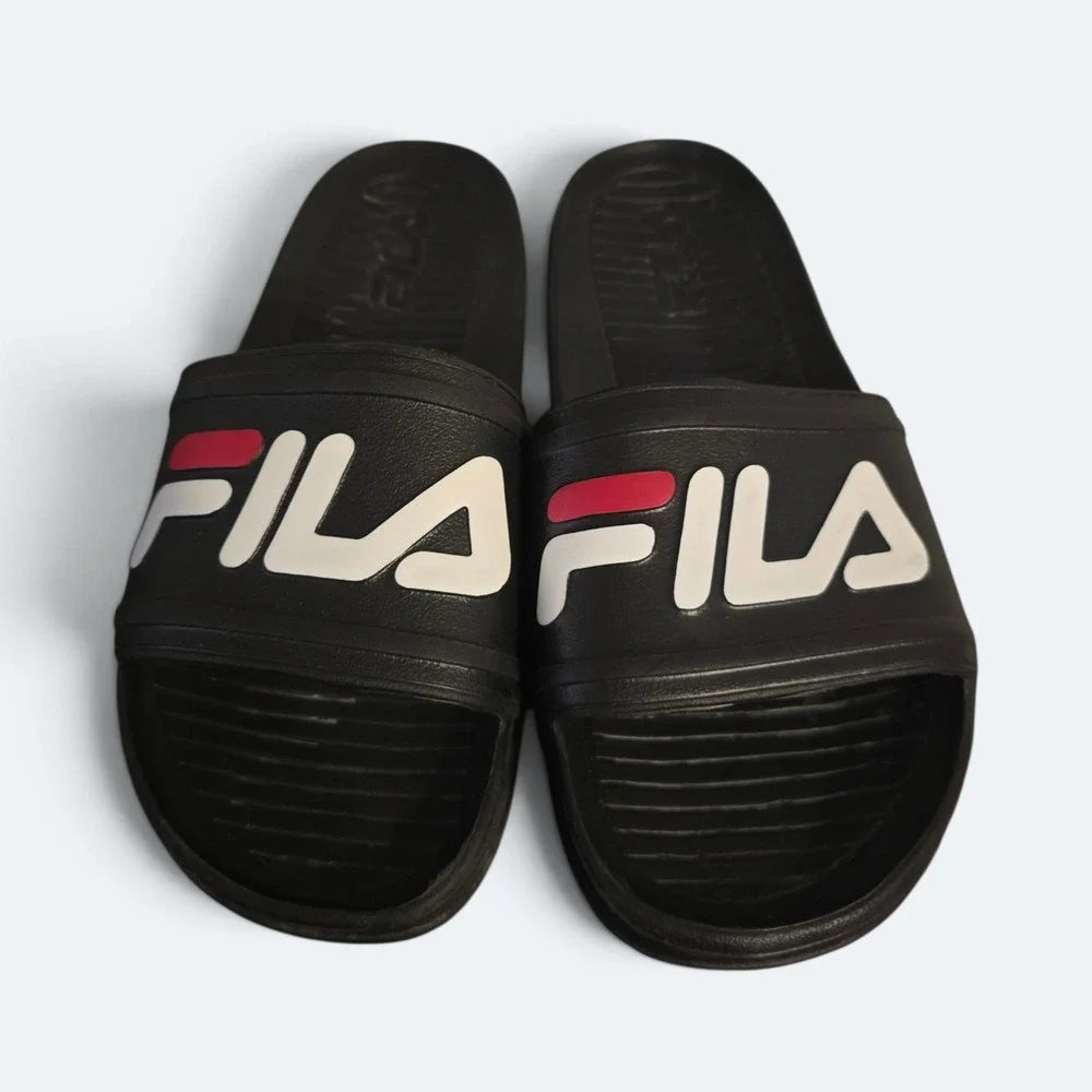 Fila Drifter Slides Black White Red Logo Sandals Kids Size 6